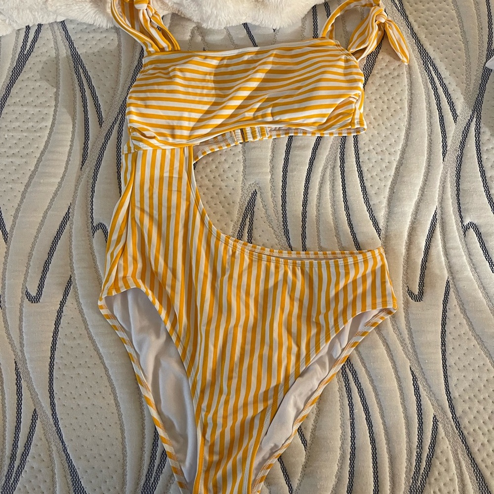 yellow target striped one piece bathing suit